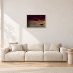 Fiji Sunset II by Peter Crawford — 60 × 40 cm, hayseed frame, shown in a light minimalist living room.