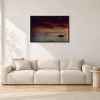 Fiji Sunset II by Peter Crawford — 90 × 60 cm, black frame, shown in a light minimalist living room.
