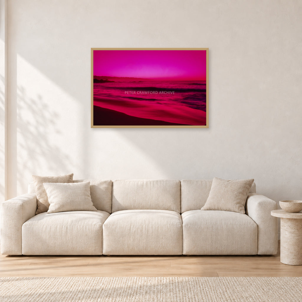 Filter, Peter Crawford by Peter Crawford — 90 × 60 cm, hayseed frame, shown in a light minimalist living room.