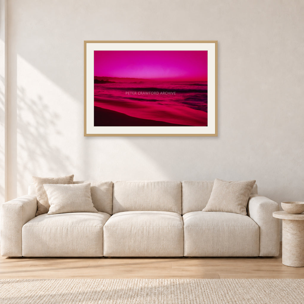 Filter, Peter Crawford by Peter Crawford — 90 × 60 cm, hayseed frame with white mat, shown in a light minimalist living room.