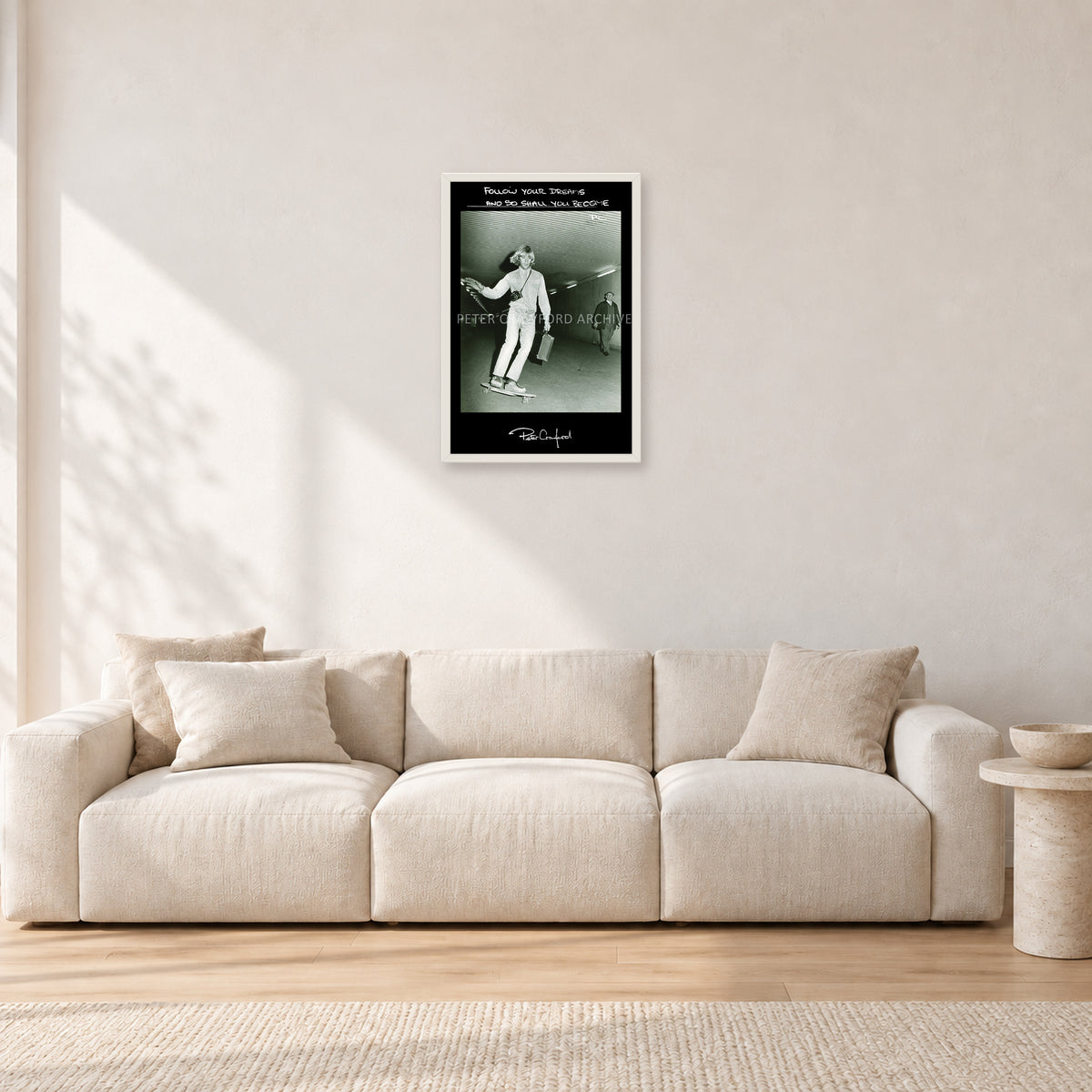 Follow Your Dreams by Peter Crawford — 40 × 60 cm, white frame, shown in a light minimalist living room.