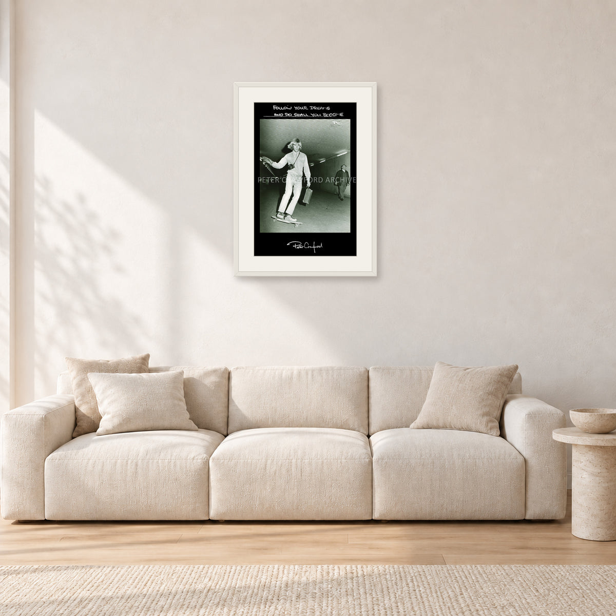 Follow Your Dreams by Peter Crawford — 40 × 60 cm, white frame with white mat, shown in a light minimalist living room.