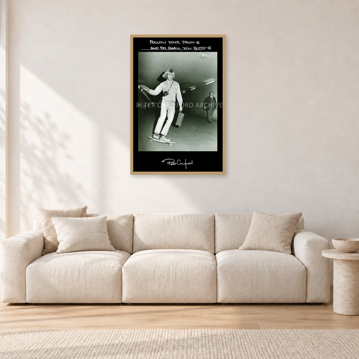 Follow Your Dreams by Peter Crawford — 60 × 90 cm, hayseed frame, shown in a light minimalist living room.