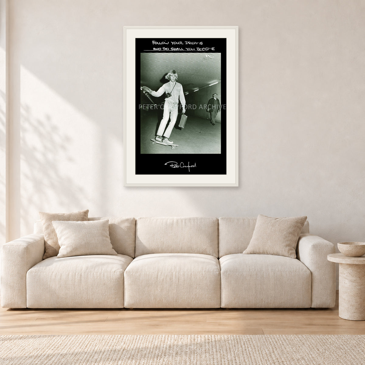 Follow Your Dreams by Peter Crawford — 60 × 90 cm, white frame with white mat, shown in a light minimalist living room.