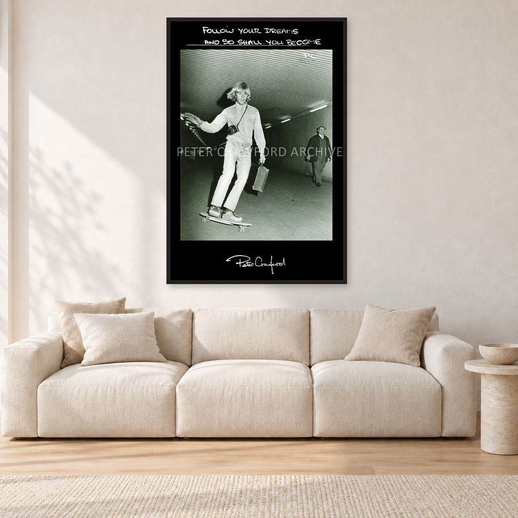 Follow Your Dreams by Peter Crawford — 80 × 120 cm, black frame, shown in a light minimalist living room.