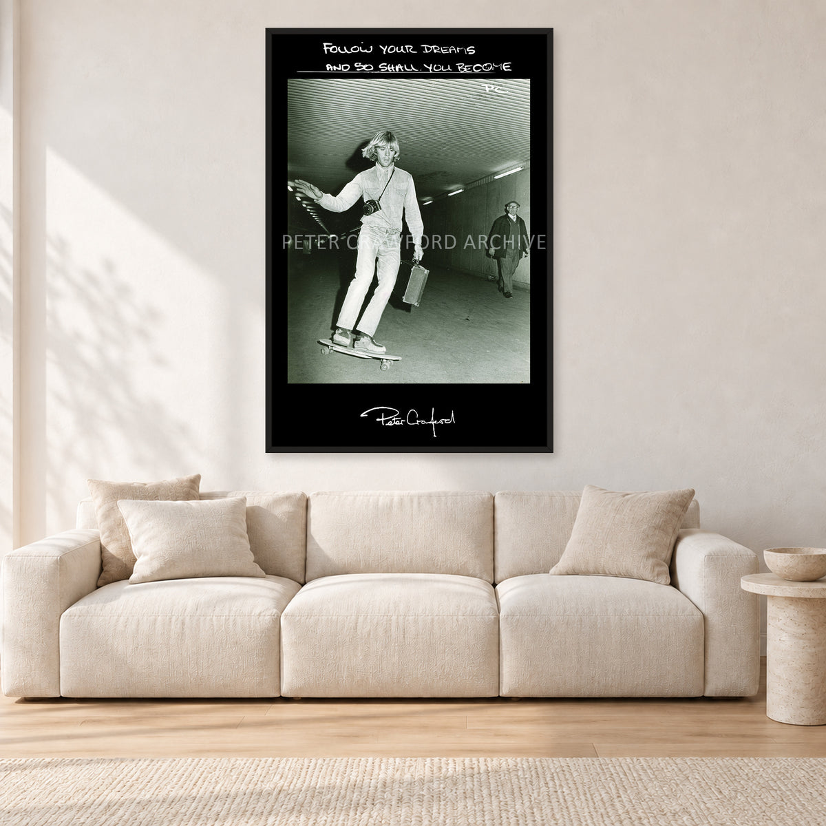 Follow Your Dreams by Peter Crawford — 80 × 120 cm, black frame, shown in a light minimalist living room.
