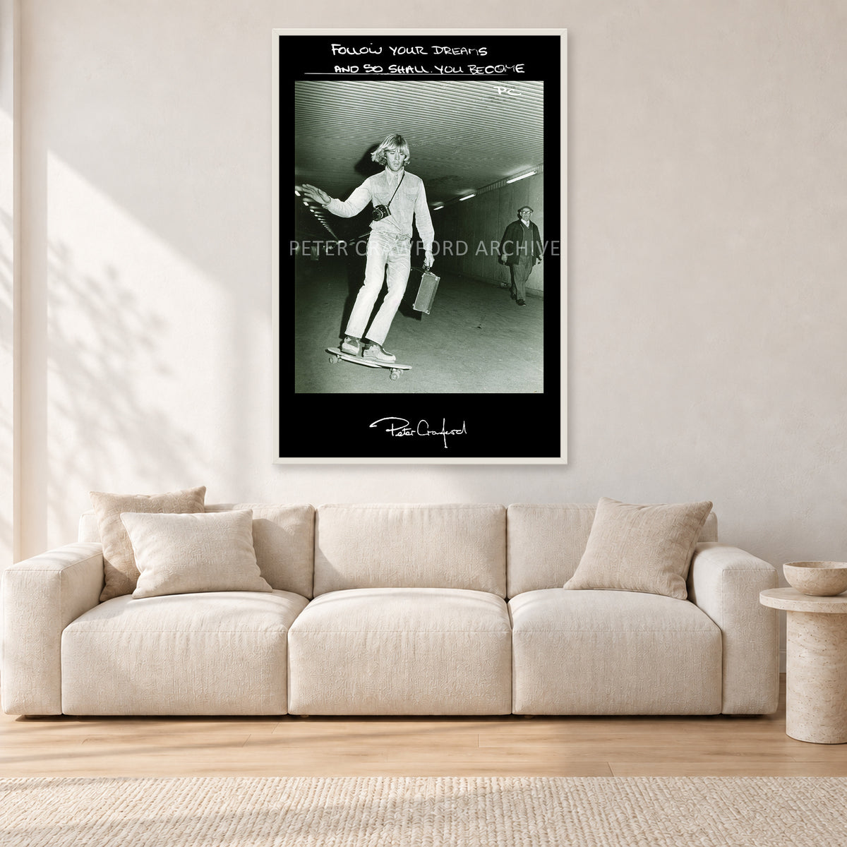 Follow Your Dreams by Peter Crawford — 80 × 120 cm, white frame, shown in a light minimalist living room.