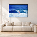 Hawaii Surf Study 20 by Peter Crawford — 120 × 80 cm, black frame, shown in a light minimalist living room.