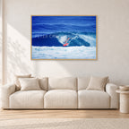 Hawaii Surf Study 20 by Peter Crawford — 120 × 80 cm, hayseed frame, shown in a light minimalist living room.