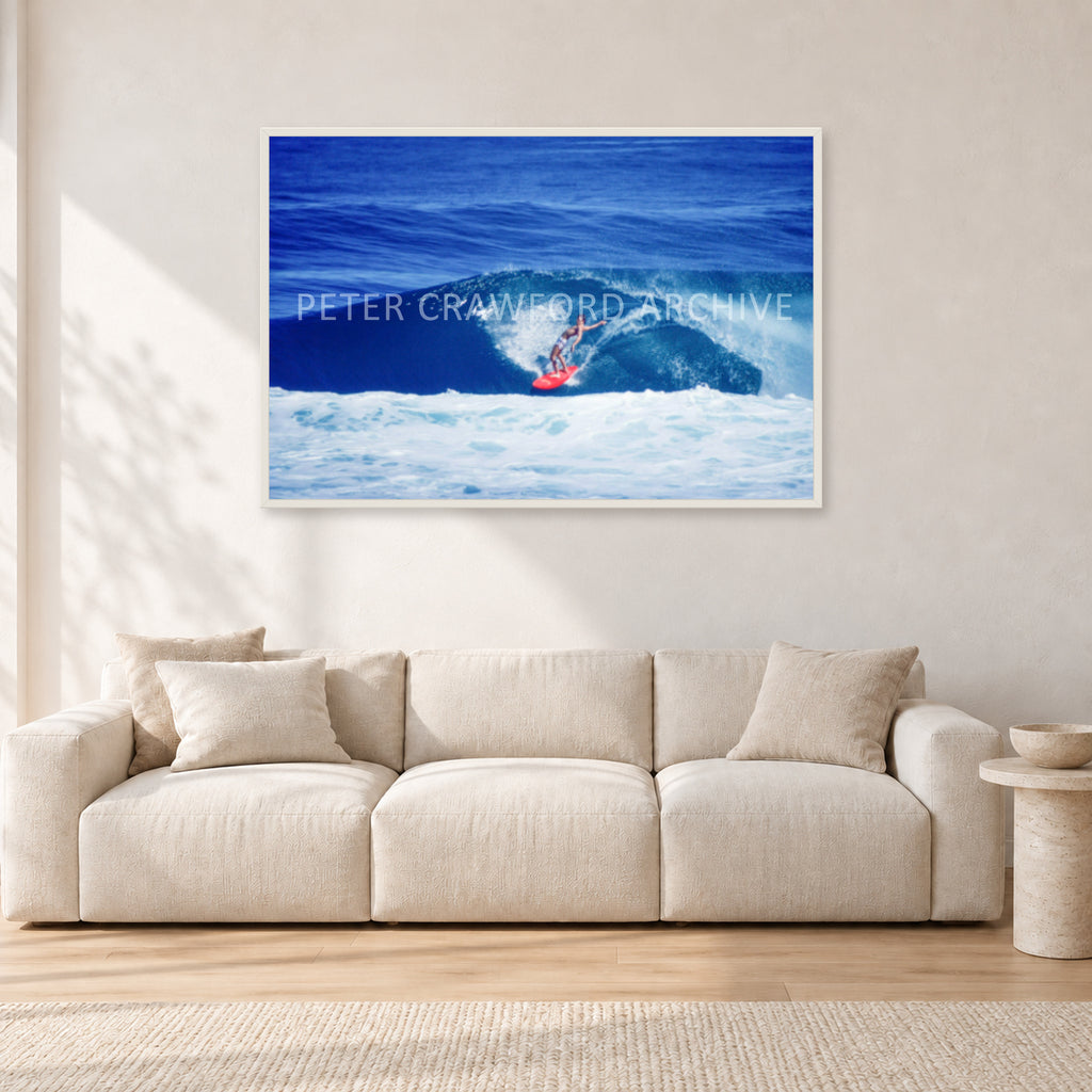 Hawaii Surf Study 20 by Peter Crawford — 120 × 80 cm, white frame, shown in a light minimalist living room.