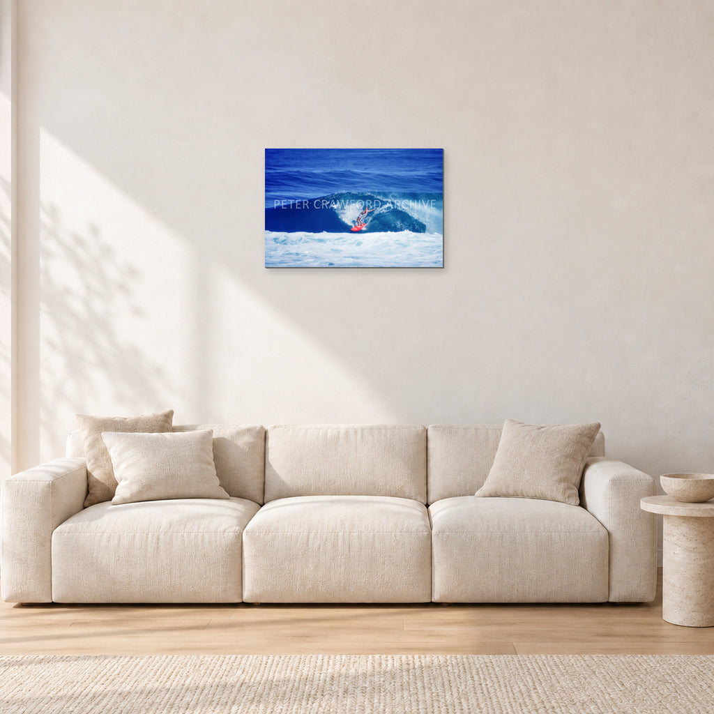 Hawaii Surf Study 20 by Peter Crawford — 60 × 40 cm, aluminium-mounted resin print, shown in a light minimalist living room.