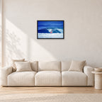 Hawaii Surf Study 20 by Peter Crawford — 60 × 40 cm, black frame, shown in a light minimalist living room.