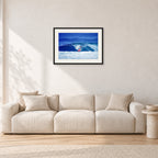 Hawaii Surf Study 20 by Peter Crawford — 60 × 40 cm, black frame with white mat, shown in a light minimalist living room.