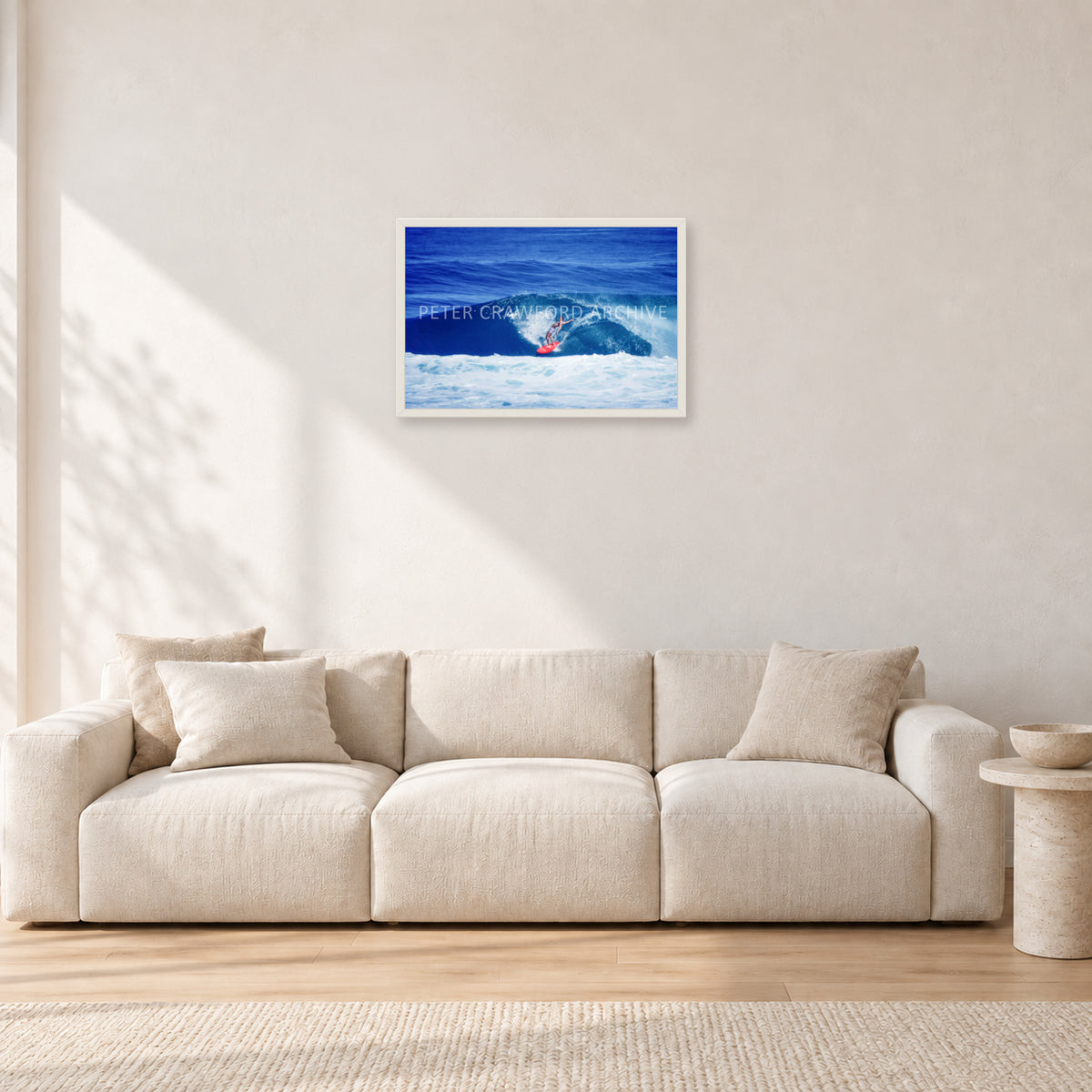 Hawaii Surf Study 20 by Peter Crawford — 60 × 40 cm, white frame, shown in a light minimalist living room.