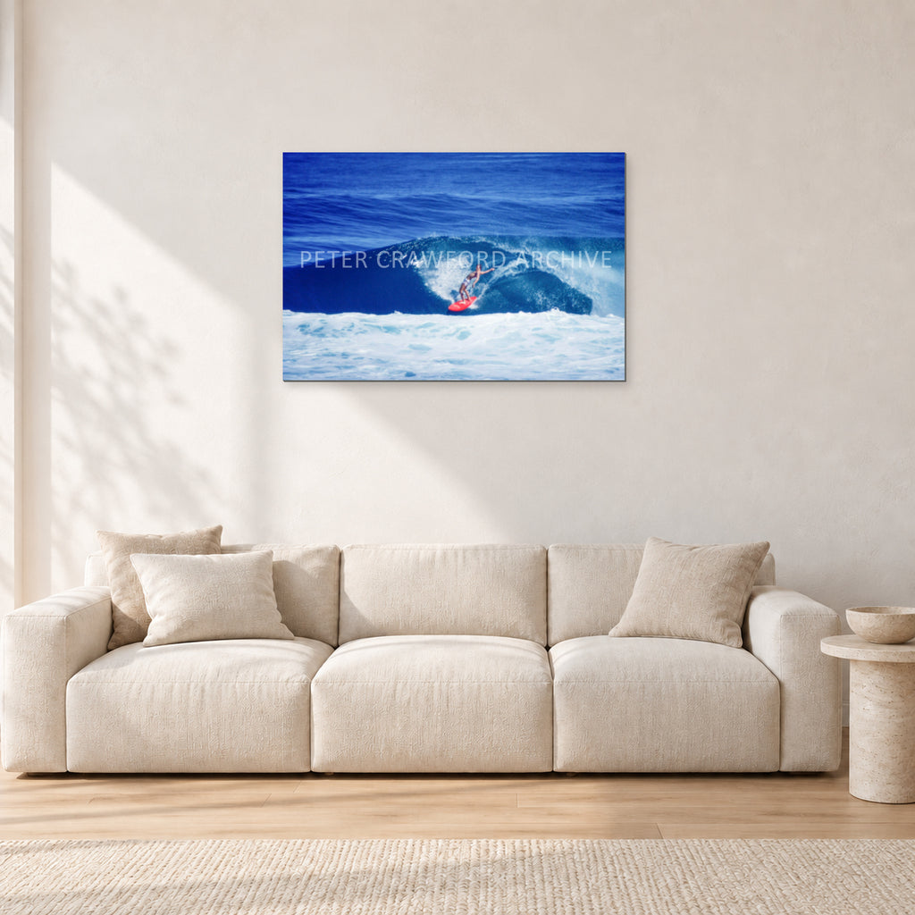Hawaii Surf Study 20 by Peter Crawford — 90 × 60 cm, aluminium-mounted resin print, shown in a light minimalist living room.