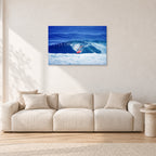 Hawaii Surf Study 20 by Peter Crawford — 90 × 60 cm, aluminium-mounted resin print, shown in a light minimalist living room.