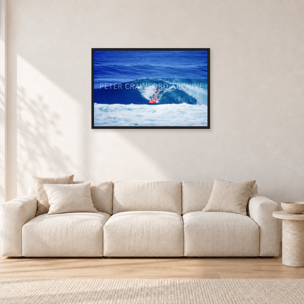 Hawaii Surf Study 20 by Peter Crawford — 90 × 60 cm, black frame, shown in a light minimalist living room.