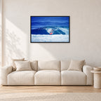 Hawaii Surf Study 20 by Peter Crawford — 90 × 60 cm, black frame, shown in a light minimalist living room.