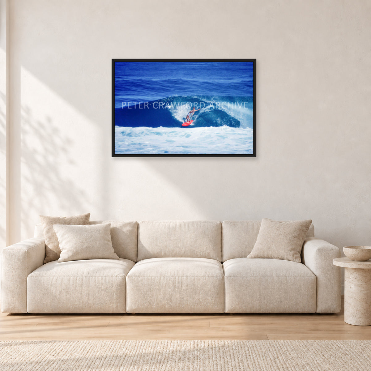Hawaii Surf Study 20 by Peter Crawford — 90 × 60 cm, black frame, shown in a light minimalist living room.