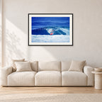 Hawaii Surf Study 20 by Peter Crawford — 90 × 60 cm, black frame with white mat, shown in a light minimalist living room.
