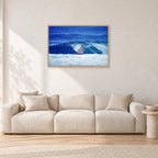 Hawaii Surf Study 20 by Peter Crawford — 90 × 60 cm, hayseed frame, shown in a light minimalist living room.