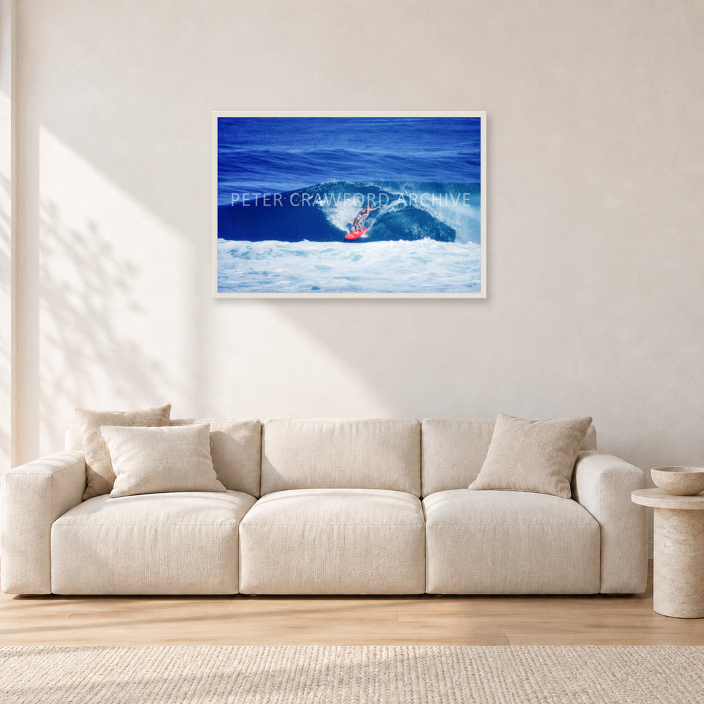 Hawaii Surf Study 20 by Peter Crawford — 90 × 60 cm, white frame, shown in a light minimalist living room.