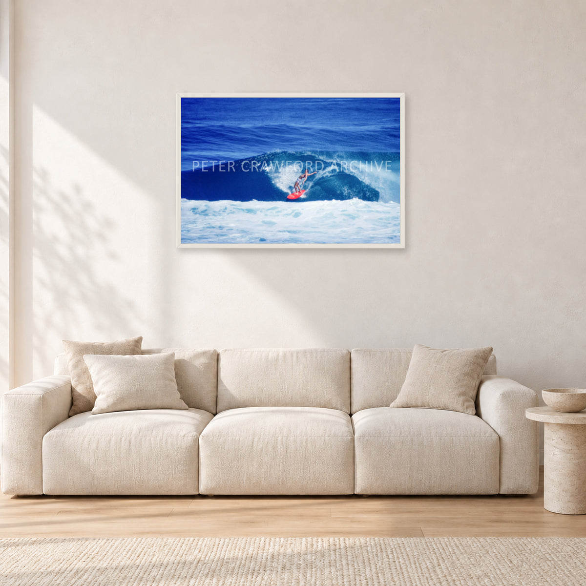 Hawaii Surf Study 20 by Peter Crawford — 90 × 60 cm, white frame, shown in a light minimalist living room.
