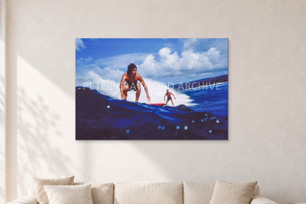 Hawaii Surf Study 24 by Peter Crawford — 120 × 80 cm, aluminium-mounted resin print, shown in a light minimalist living room.