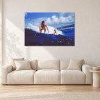 Hawaii Surf Study 24 by Peter Crawford — 120 × 80 cm, aluminium-mounted resin print, shown in a light minimalist living room.