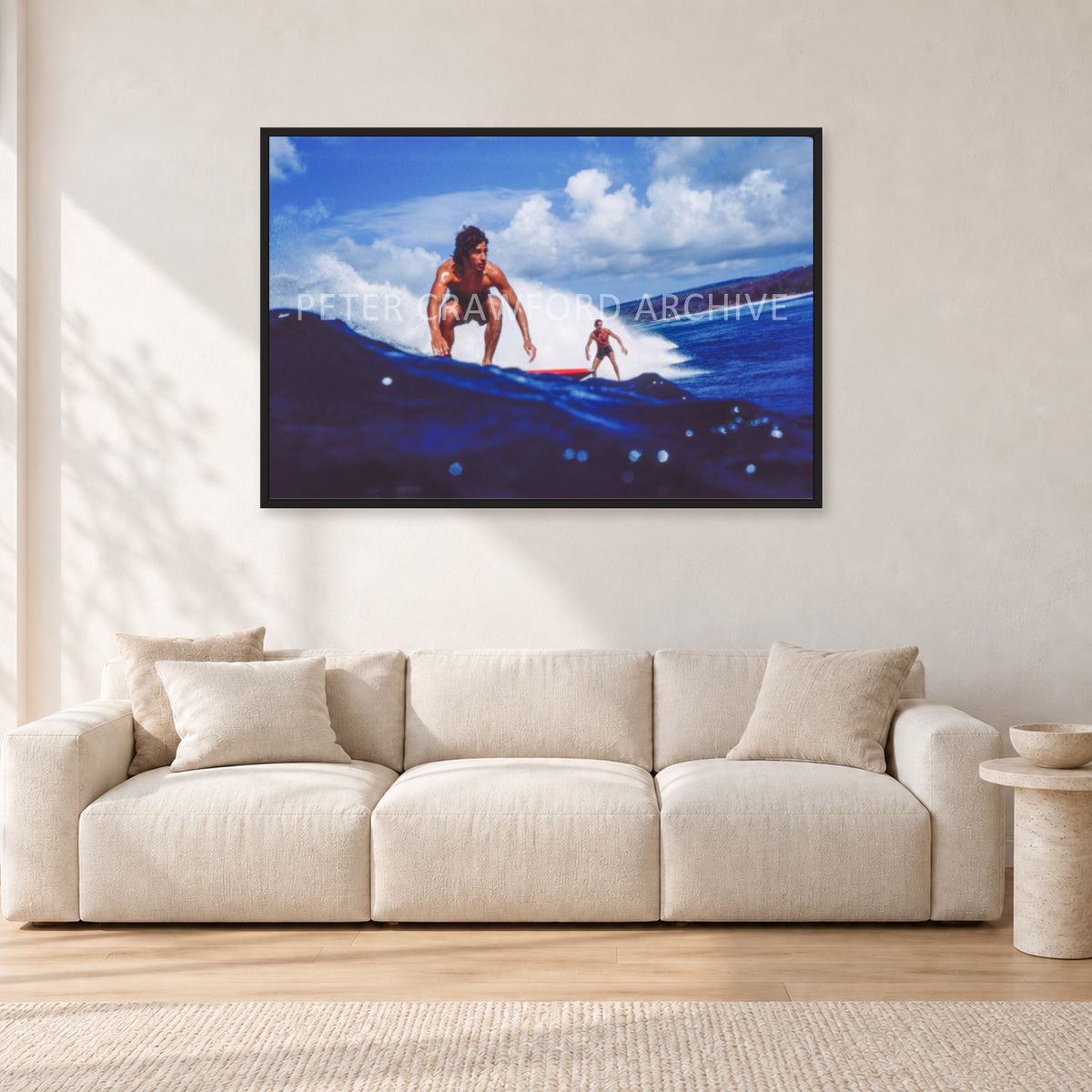 Hawaii Surf Study 24 by Peter Crawford — 120 × 80 cm, black frame, shown in a light minimalist living room.