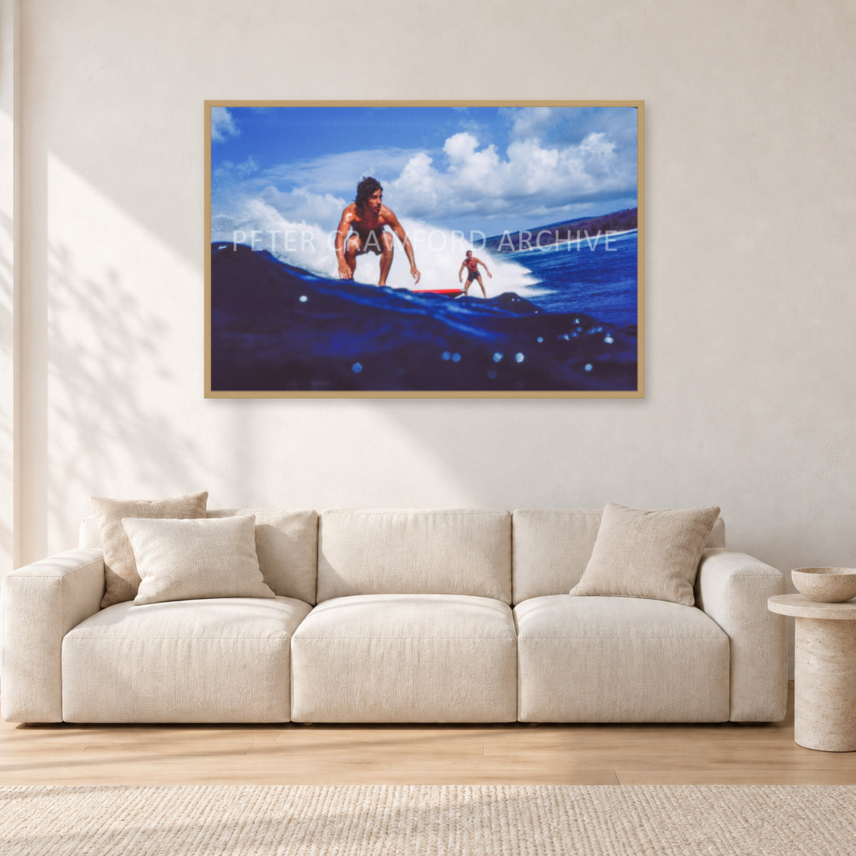 Hawaii Surf Study 24 by Peter Crawford — 120 × 80 cm, hayseed frame, shown in a light minimalist living room.