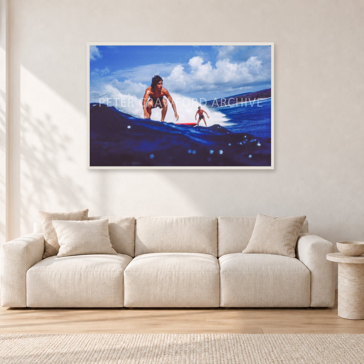 Hawaii Surf Study 24 by Peter Crawford — 120 × 80 cm, white frame, shown in a light minimalist living room.