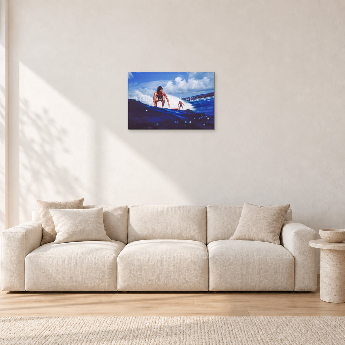 Hawaii Surf Study 24 by Peter Crawford — 60 × 40 cm, aluminium-mounted resin print, shown in a light minimalist living room.