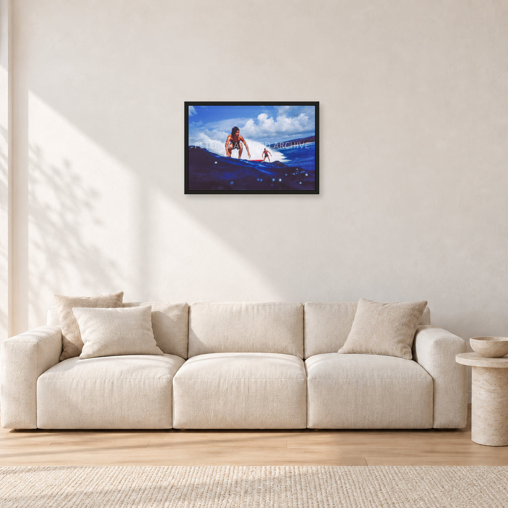 Hawaii Surf Study 24 by Peter Crawford — 60 × 40 cm, black frame, shown in a light minimalist living room.