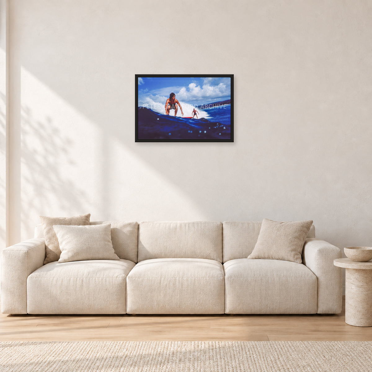 Hawaii Surf Study 24 by Peter Crawford — 60 × 40 cm, black frame, shown in a light minimalist living room.