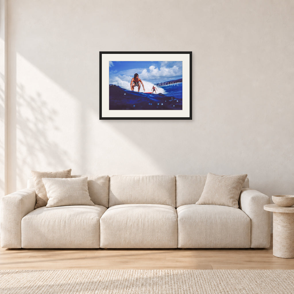 Hawaii Surf Study 24 by Peter Crawford — 60 × 40 cm, black frame with white mat, shown in a light minimalist living room.
