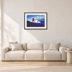 Hawaii Surf Study 24 by Peter Crawford — 60 × 40 cm, black frame with white mat, shown in a light minimalist living room.