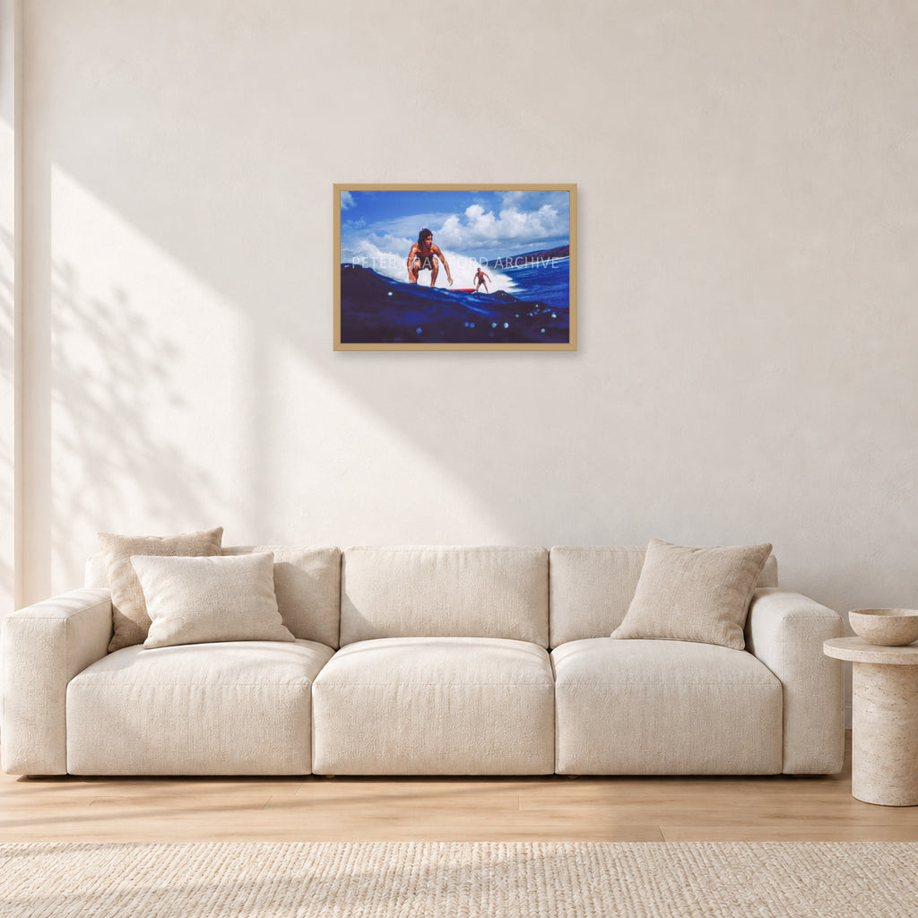 Hawaii Surf Study 24 by Peter Crawford — 60 × 40 cm, hayseed frame, shown in a light minimalist living room.
