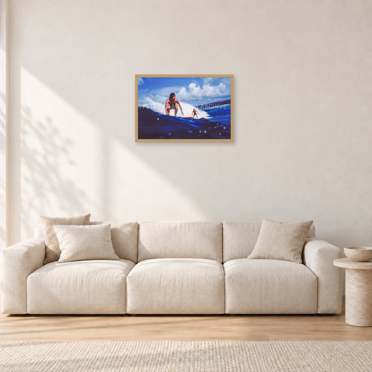 Hawaii Surf Study 24 by Peter Crawford — 60 × 40 cm, hayseed frame, shown in a light minimalist living room.