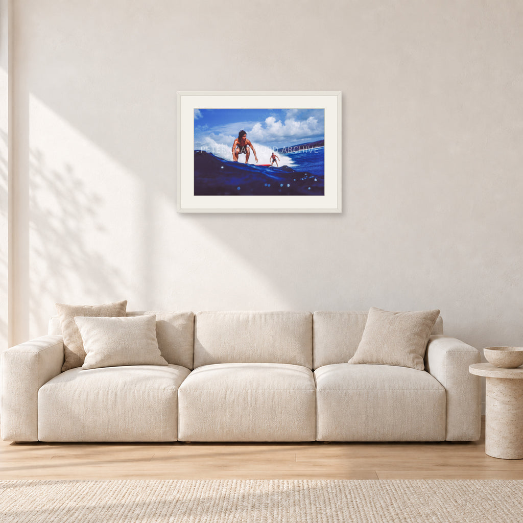 Hawaii Surf Study 24 by Peter Crawford — 60 × 40 cm, white frame with white mat, shown in a light minimalist living room.