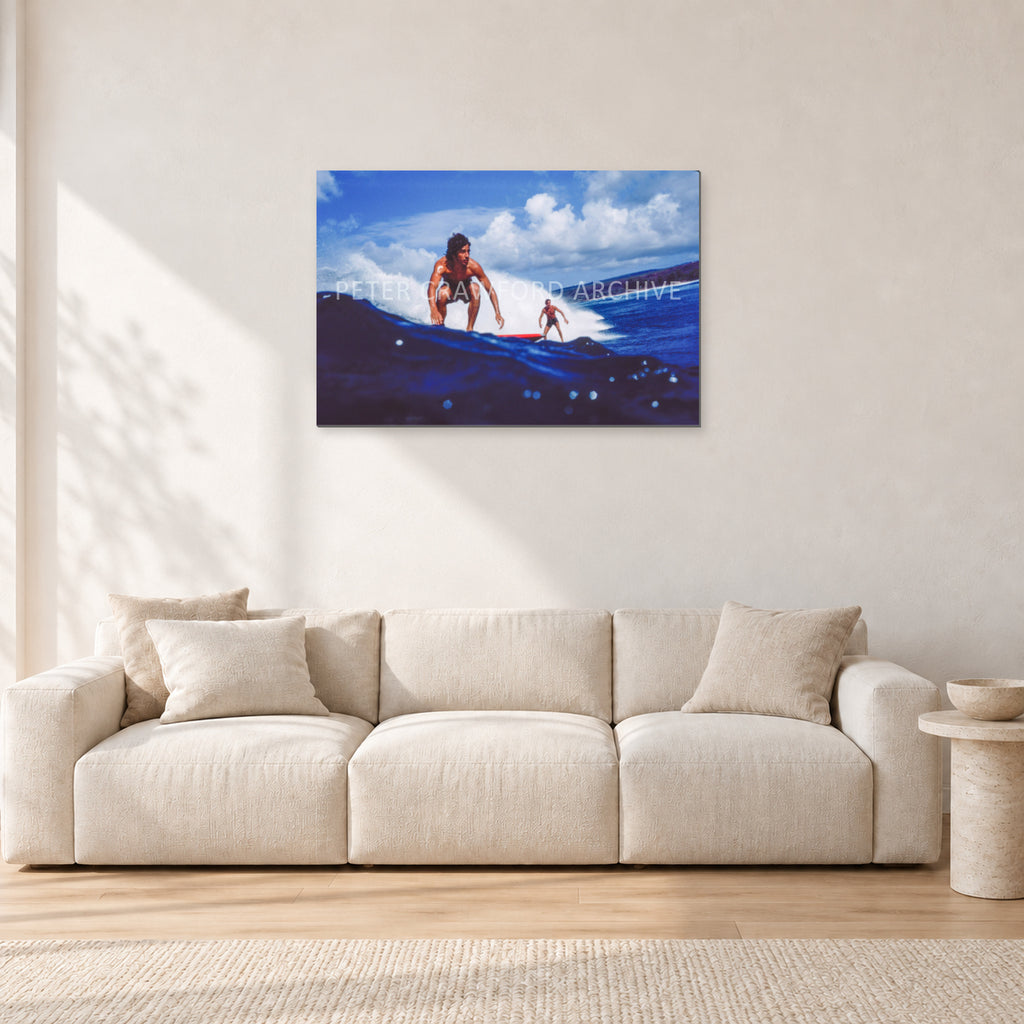 Hawaii Surf Study 24 by Peter Crawford — 90 × 60 cm, aluminium-mounted resin print, shown in a light minimalist living room.