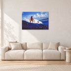 Hawaii Surf Study 24 by Peter Crawford — 90 × 60 cm, aluminium-mounted resin print, shown in a light minimalist living room.