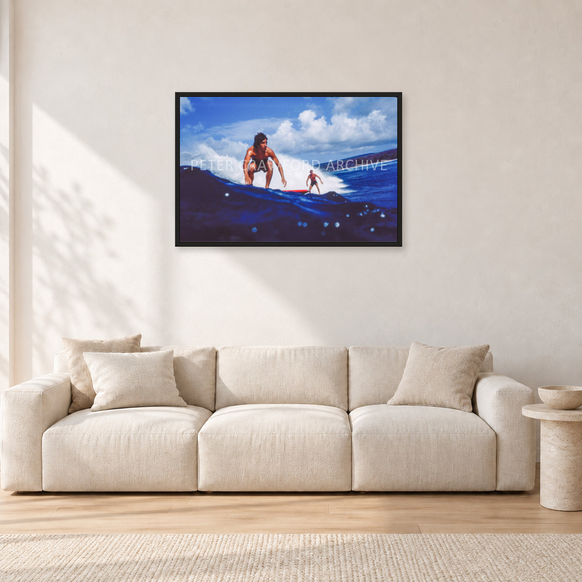 Hawaii Surf Study 24 by Peter Crawford — 90 × 60 cm, black frame, shown in a light minimalist living room.