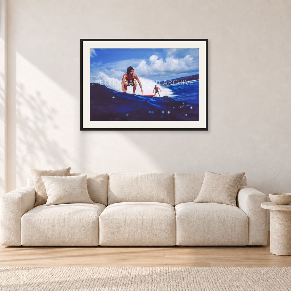 Hawaii Surf Study 24 by Peter Crawford — 90 × 60 cm, black frame with white mat, shown in a light minimalist living room.