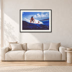 Hawaii Surf Study 24 by Peter Crawford — 90 × 60 cm, black frame with white mat, shown in a light minimalist living room.