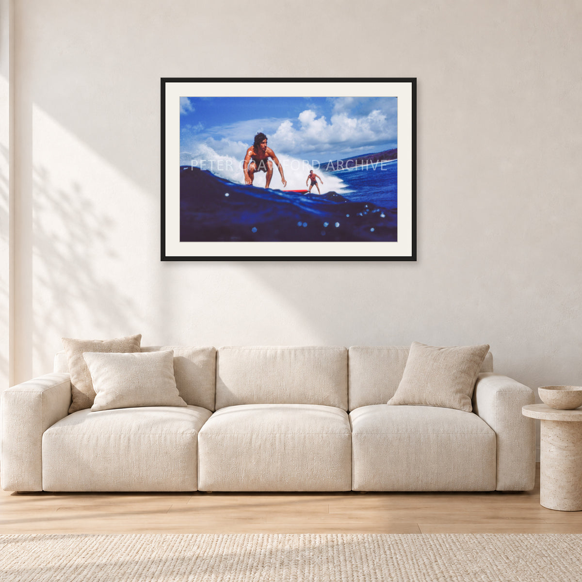 Hawaii Surf Study 24 by Peter Crawford — 90 × 60 cm, black frame with white mat, shown in a light minimalist living room.