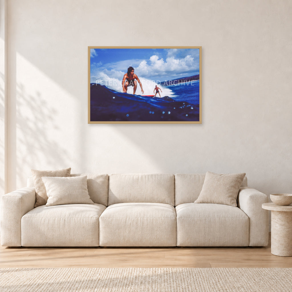 Hawaii Surf Study 24 by Peter Crawford — 90 × 60 cm, hayseed frame, shown in a light minimalist living room.