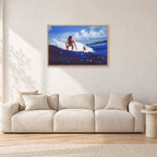 Hawaii Surf Study 24 by Peter Crawford — 90 × 60 cm, hayseed frame, shown in a light minimalist living room.