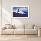 Hawaii Surf Study 24 by Peter Crawford — 90 × 60 cm, white frame with white mat, shown in a light minimalist living room.