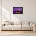 Huntington Pier by Peter Crawford — 60 × 40 cm, black frame, shown in a light minimalist living room.